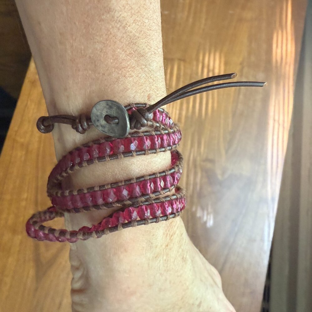 chan luu semi precious bracelet purple pink crochet zen boho leather wrap  A28